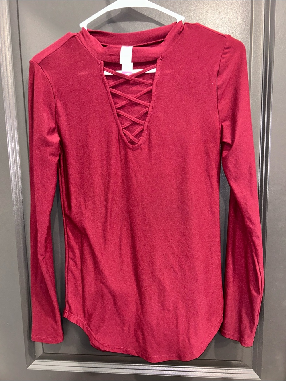 Burgundy Lace-Up Long Sleeve Top